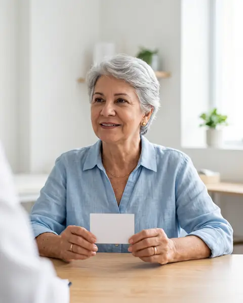 Helena Prado smiles at the consulting room desk, holding her follow-up card