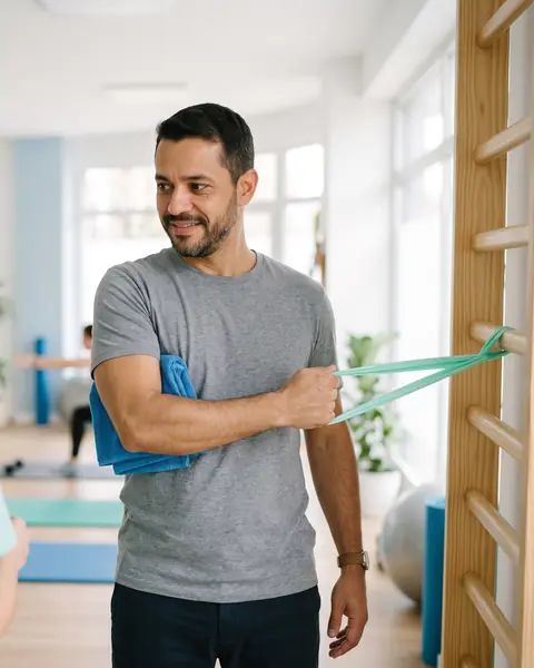 Marcos Tavares does a resistance band exercise during his physical therapy session